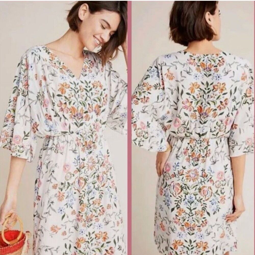 Anthropologie Laia Floral Botanical 100% Viscose‎ 3/4 Sleeve Dress Size 4 Petite